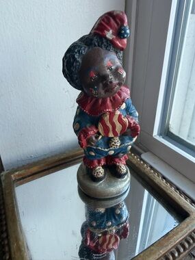 Signed Handmade Clown Figurine 1990s Resin Hand Painted Red White Blue